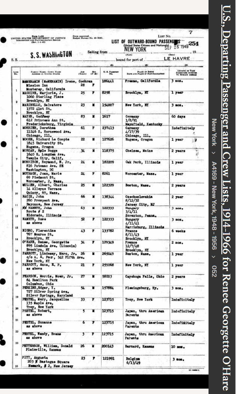 Renee H Georgette-O'Hare--U.S., Departing Passenger and Crew Lists, 1914-1966 (28 Sep 1949)