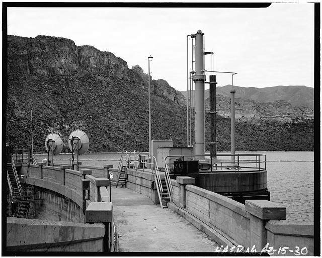 30. VIEW OF CREST OF HORSE MESA DAM, SHOWING HEFU INTAKE...