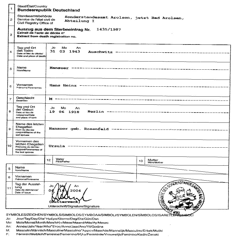 Document of Hans Heinz Hanauer