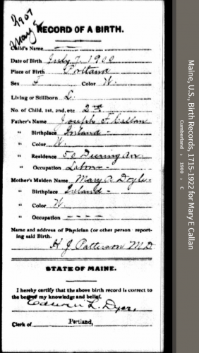 May Elizabeth Callan -Maine, U.S., Birth Records, 1715-1922(1900)