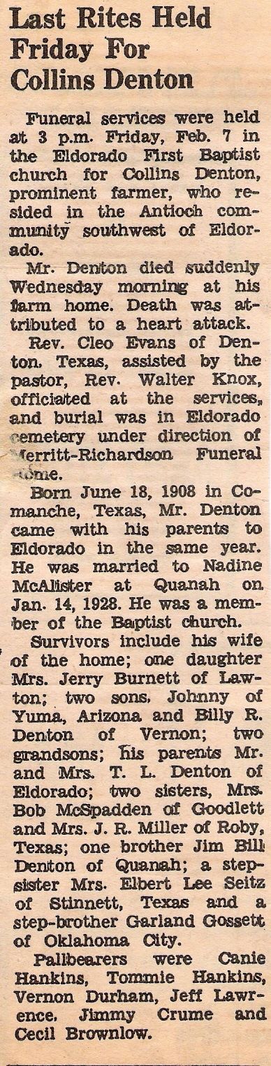 Collins Denton Obituary, native of Eldorado, OK