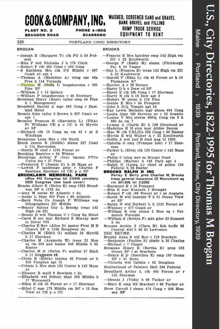 Thomas Michael Brogan --U.S., City Directories, 1822-1995(1939)