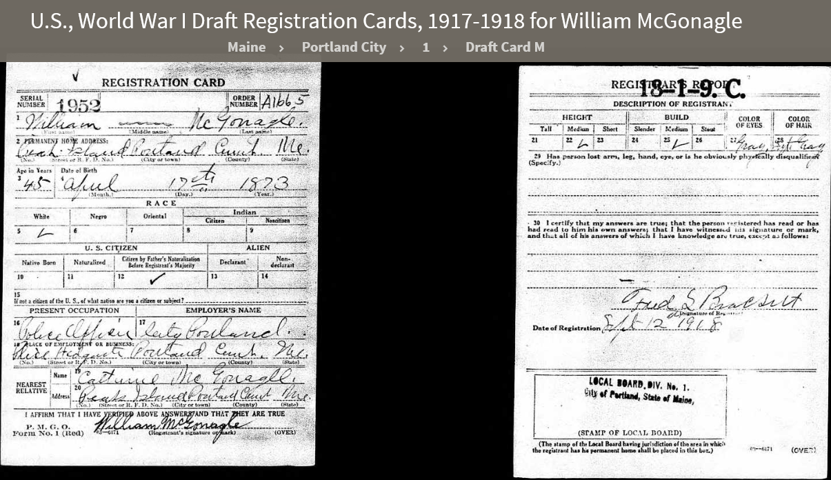 William McGonigle--U.S., World War I Draft Registration Cards, 1917-1918(12 sep 1918)