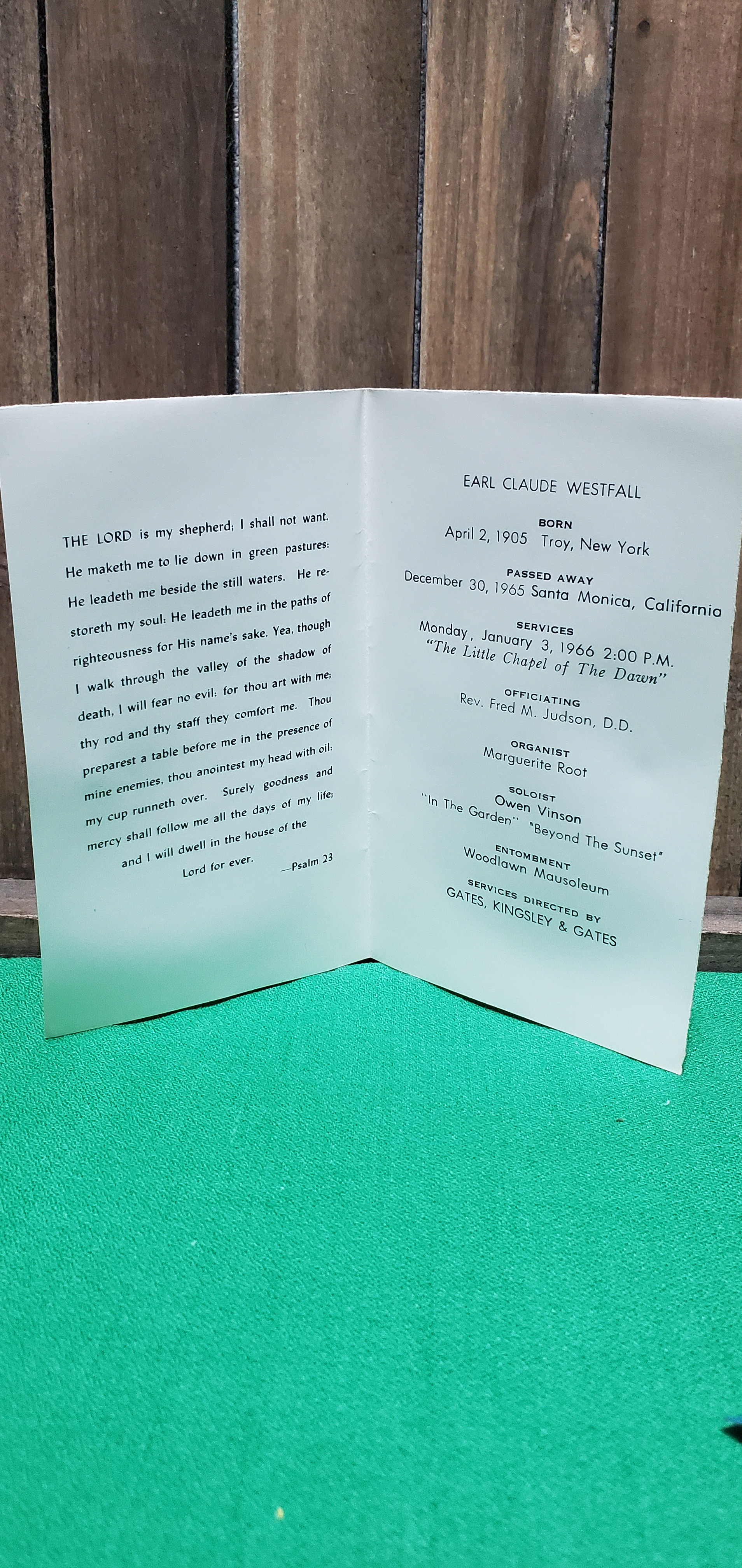 Earl Claude Westfall, funeral card , services Jan 3, 1966. Santa Monica. CA