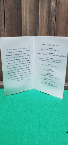 Earl Claude Westfall, funeral card , services Jan 3, 1966. Santa Monica. CA