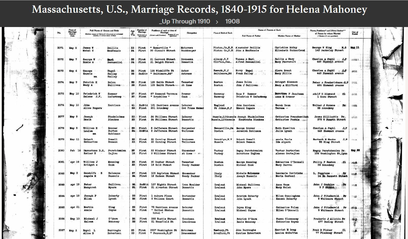 Helena T (Mahoney) O'Hare---Massachusetts, U.S., Marriage Records, 1840-1915(1908)