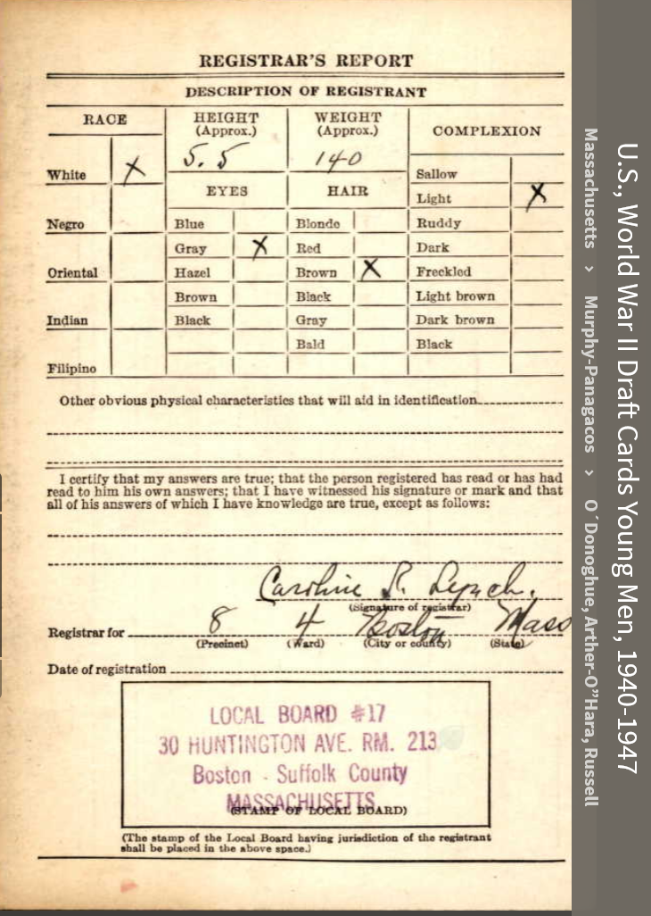 John Joseph O'Hara --U.S., World War II Draft Cards Young Men, 1940-1947 a