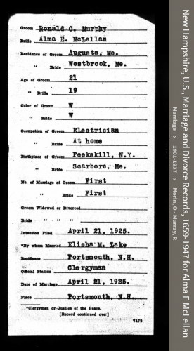 Alma Erskine McLellan-Murphy-Connell --New Hampshire, U.S., Marriage and Divorce Records, 1659-1947(21apr1925) front