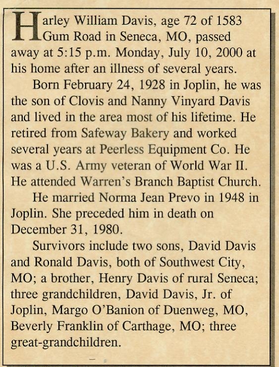 Harley William Davis obituary