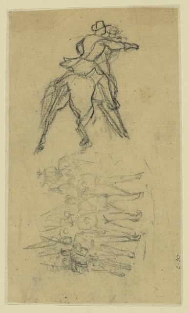 [Two sketches: officer on horse and marching figures with...