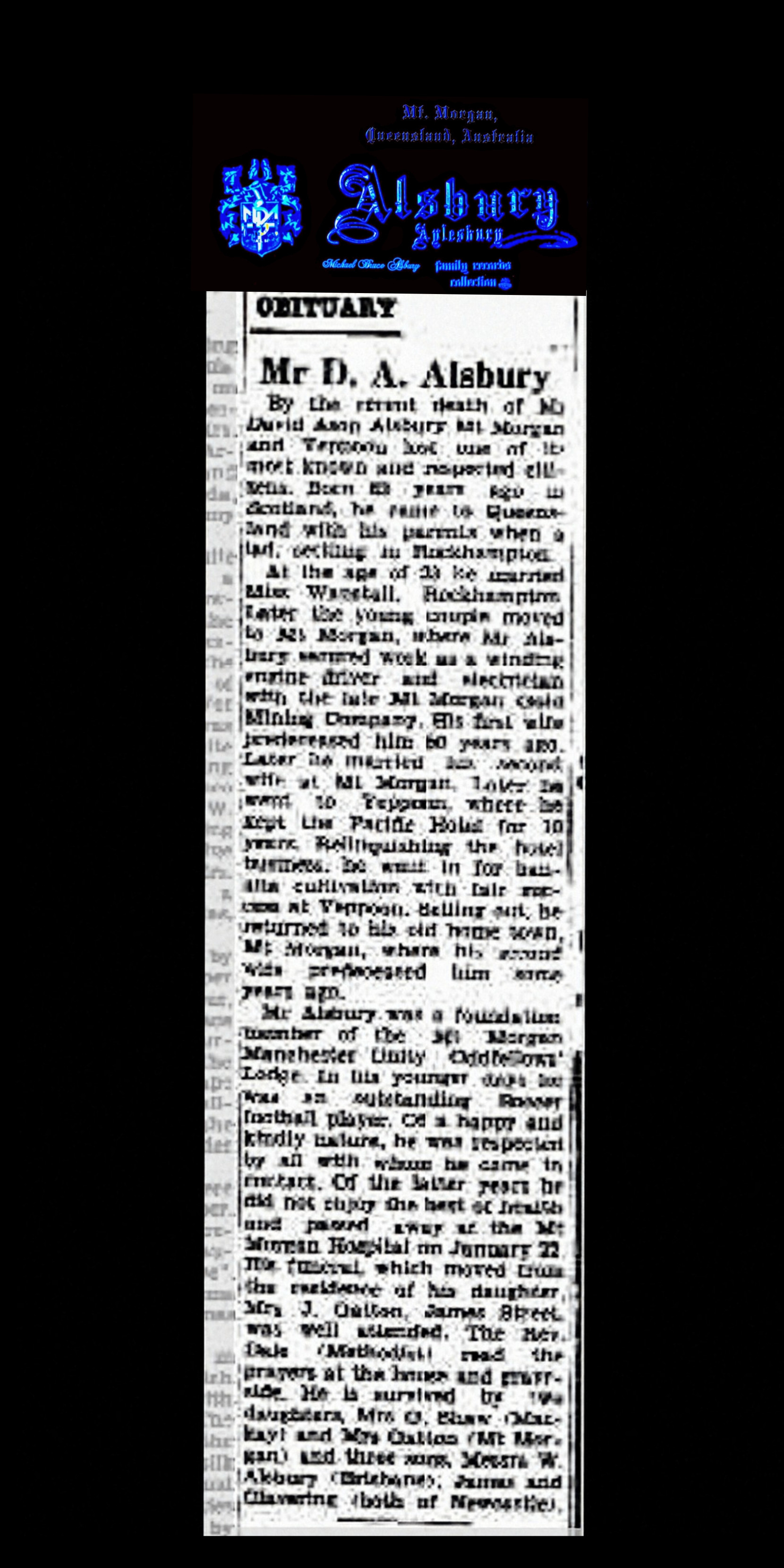 David Aeson Alsbury Mount Morgan, Rockhampton QLD Australia Obituary 