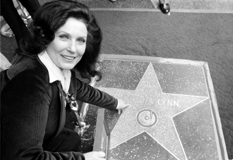 Pointing to her Star in Hollywood.
