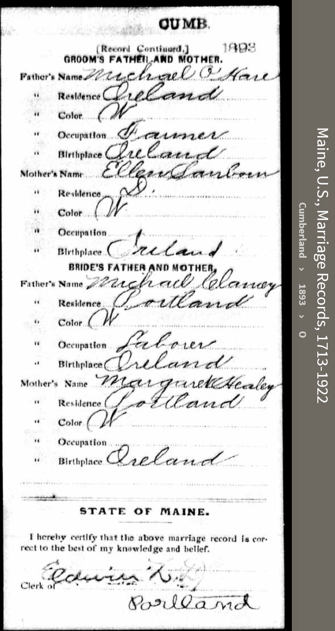 Martin Scanlan O'Hare to Margaret Lee Clancy-O'Hare--Maine, U.S., Marriage Records, 1713-1922(1893)back