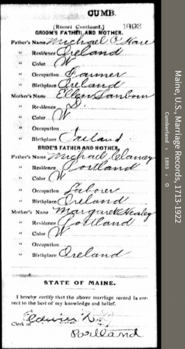 Margaret Lee Clancy-O'Hare--Maine, U.S., Marriage Records, 1713-1922(1893)back