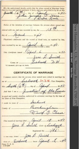 John Joseph O'Hara--New Hampshire, U.S., Marriage Records, 1700-1971 back