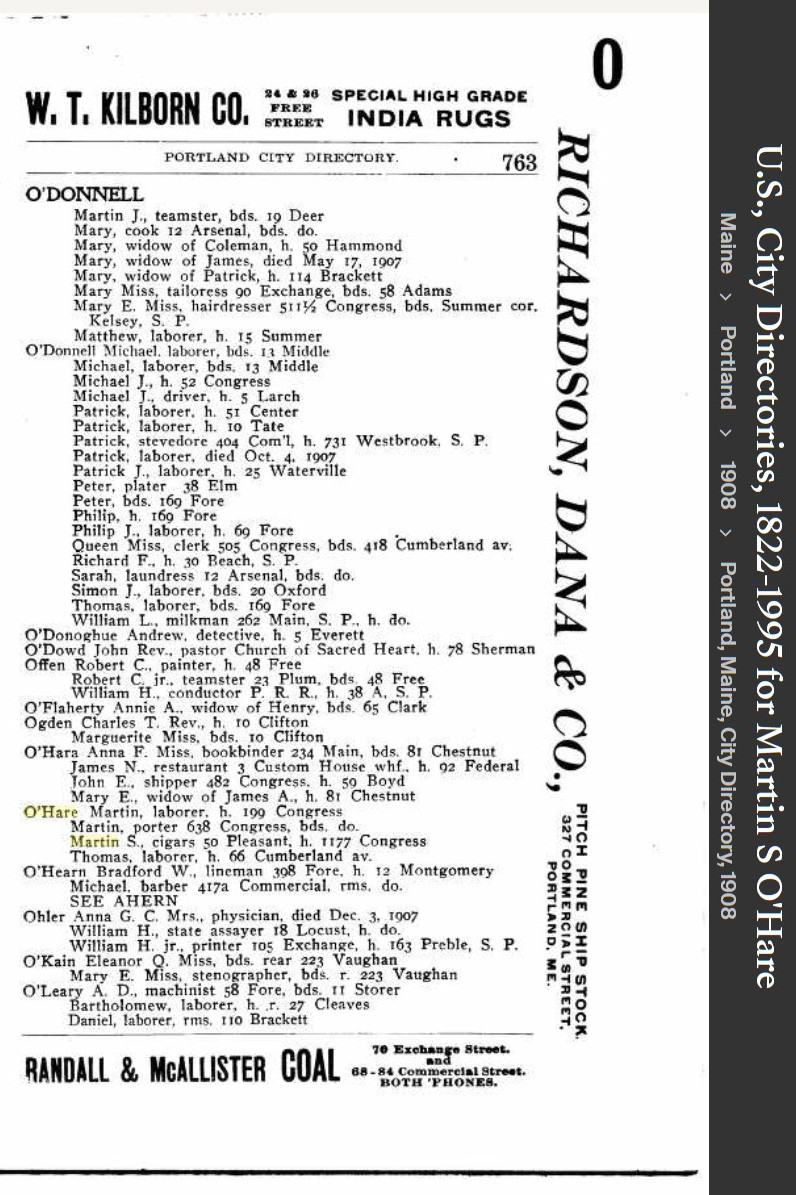 Martin Scanlan O'Hare--U.S., City Directories, 1822-1995(1908)