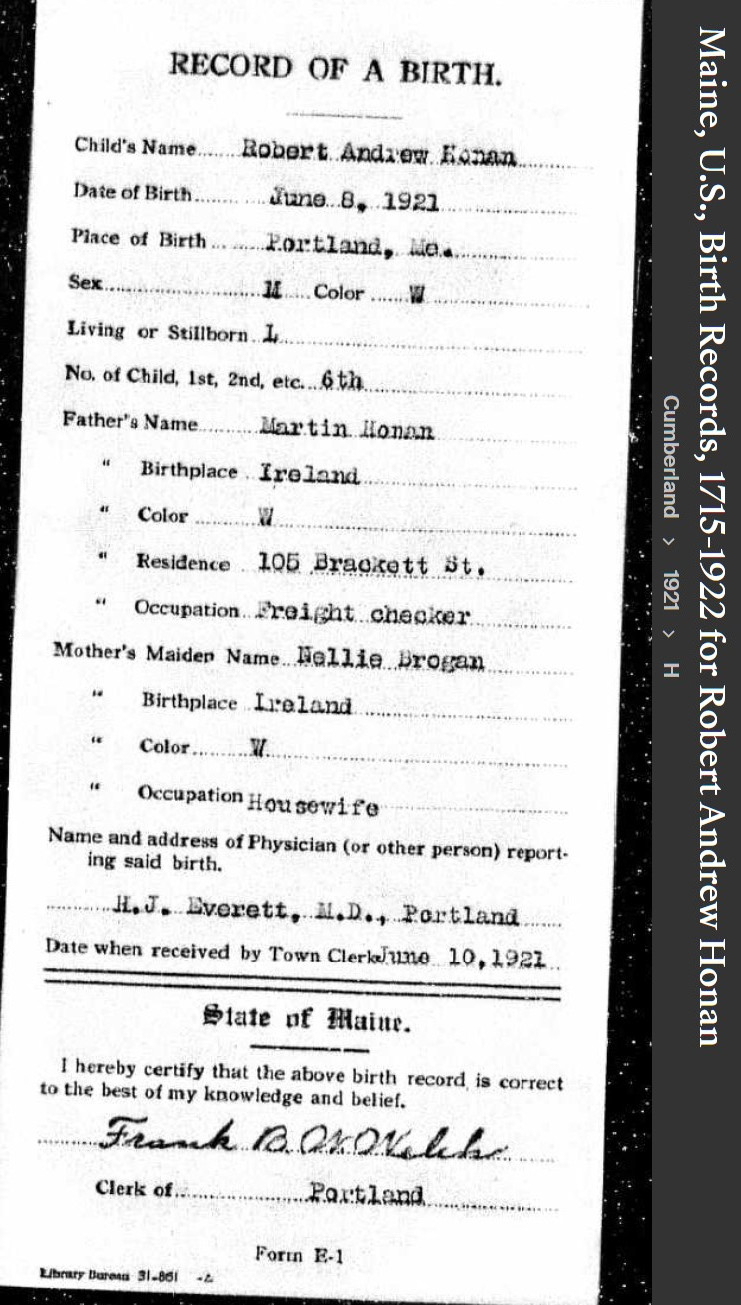 Robert Andrew V. Honan--Maine, U.S., Birth Records, 1715-1922(1921)