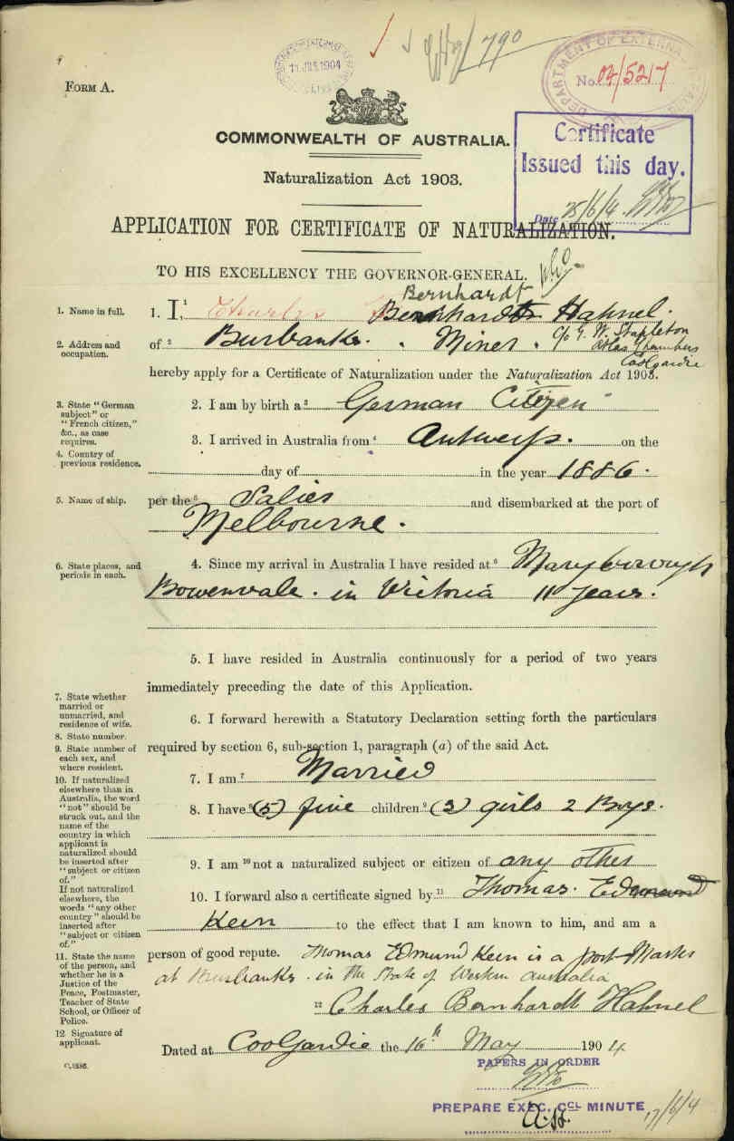 Charles Bernhardt Hahnel naturalization