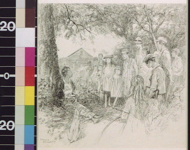 [Crowd of children standing around a boy leaning against...
