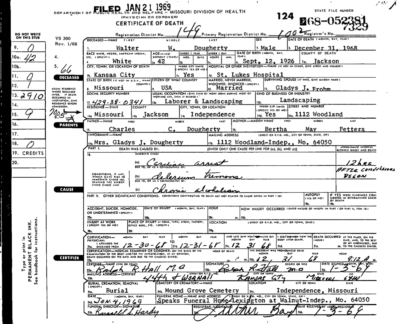 Walter Dougherty Death Certificate