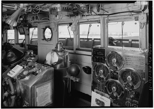 INTERIOR VIEW OF WHEEL HOUSE, HELM, MAGNETIC COMPASS...