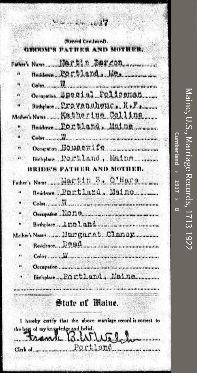 Margaret Eleanor O'Hare--Maine, U.S., Marriage Records, 1713-1922(1917) back