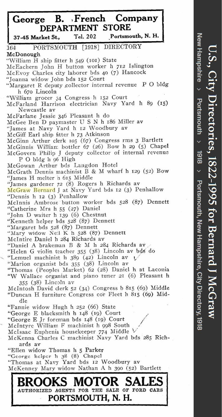 Bernard James McGraw--U.S., City Directories, 1822-1995(1918)