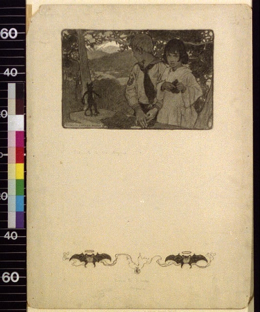 [Children outdoors with black cat]