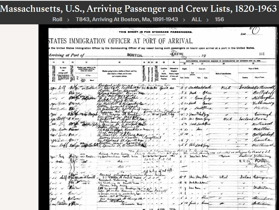 Martin Matthew Honan Sr--Massachusetts, U.S., Arriving Passenger and Crew Lists, 1820-1963(28 sep 1910)pg 2