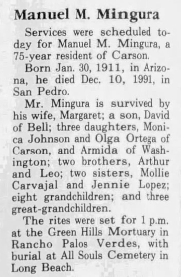 Manuel M Mingura Obituary 