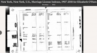 Mary Elizabeth "Betty" (O'Hare) DeFronzo--New York, New York, U.S., Marriage License Indexes, 1907-2018(1942)