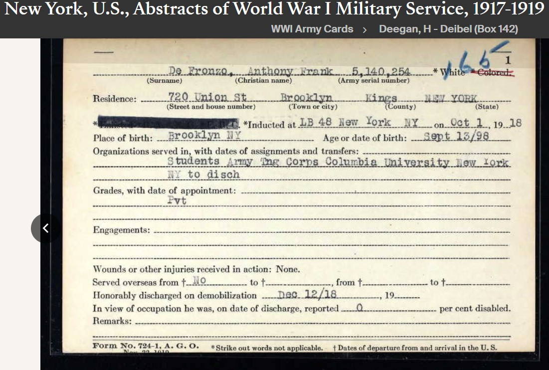 Anthony Frank DeFronze Sr--New York, U.S., Abstracts of World War I Military Service, 1917-1919( 1oct 1918)