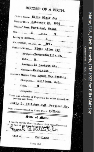 Ellis Blair Joy --Maine, U.S., Birth Records, 1715-1922(1920)