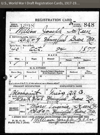 William Keen's WW1 Registration Card