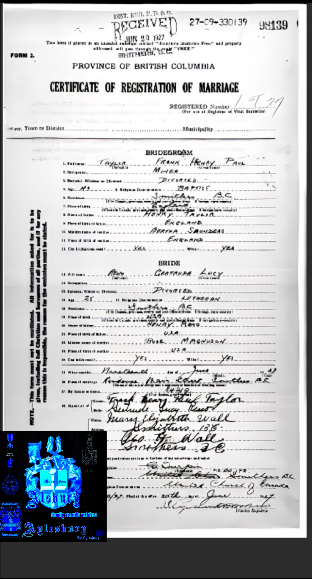 Frank Henry Taylor & Gertrude Lucy Reno Marriage registration 