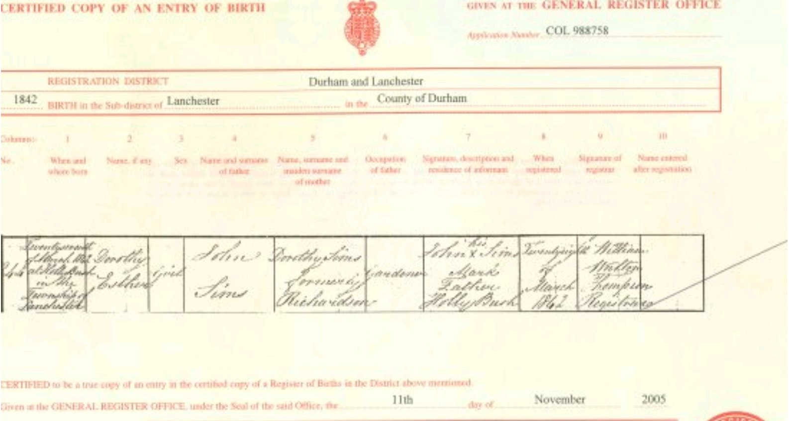 Dorothy Esther Sims Birth Certificate