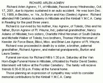 Richard Arlen Agnew's obituary