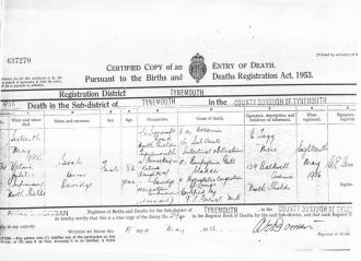 Sarah Ann Bavidge Death Certificate, UK
