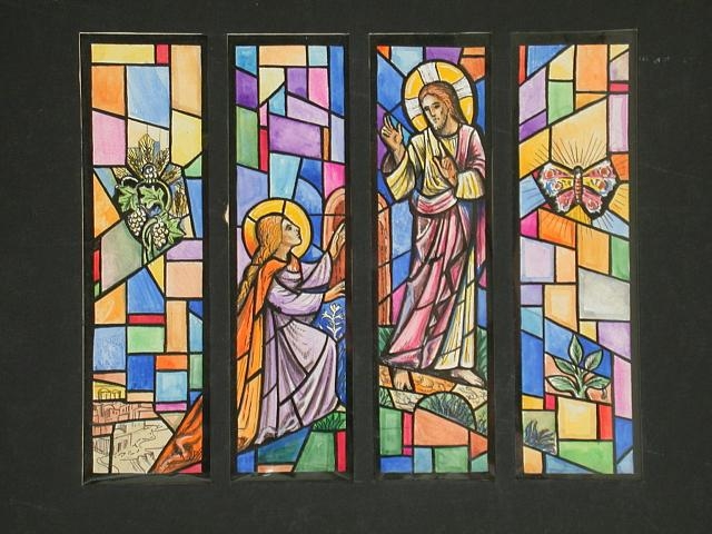 [Design drawing for stained glass window showing Noli Me...