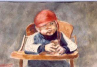 Son David eating chocolate rabbit - pastel