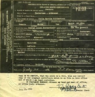 Zella Myrtle Richardson Birth Certificate 1894, AR