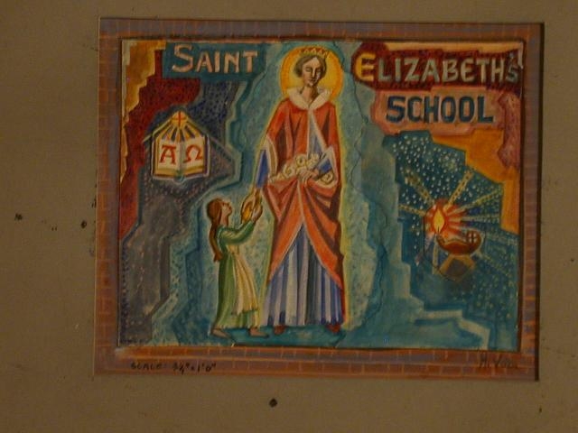 [Design drawing for mural with saint and girl at center...