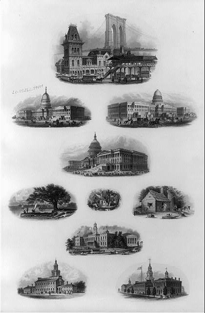 [Bank note vignettes showing U.S. Capitol, log cabins,...