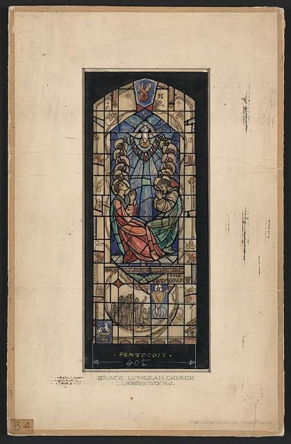[Design drawing for stained glass window showing...