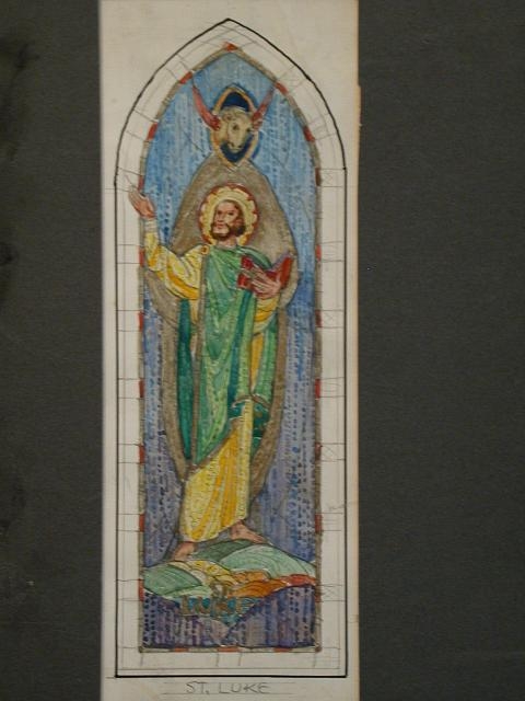 [Design drawing for mural showing St. Luke in green and...
