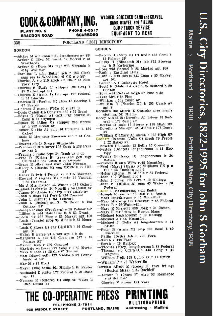 John Stephen Gorham Sr--U.S., City Directories, 1822-1995(1938)