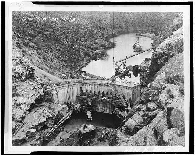 11. VIEW SHOWING HORSE MESA DAM WITH POWER PLANT HOUSING...