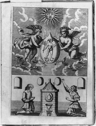 [Alchemical scene showing two putti holding philosopher's...