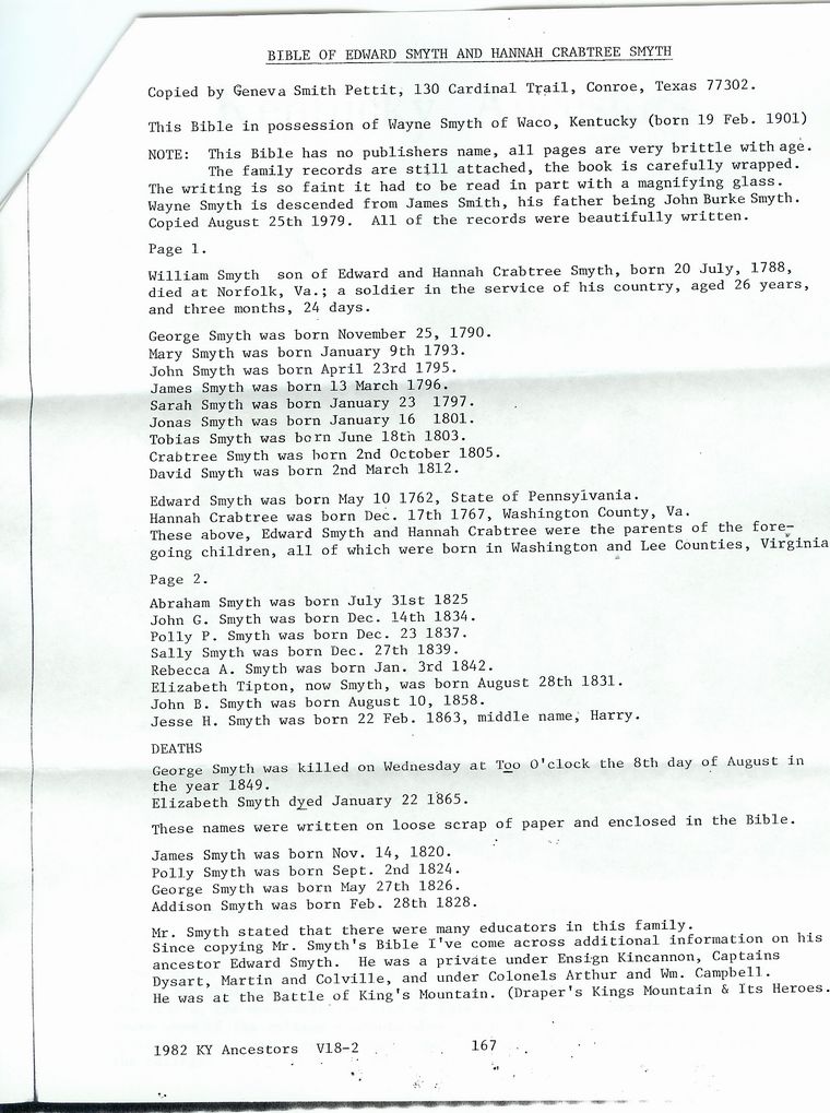 Crabtree Smyth in Ky Ancestors Magazine # 3