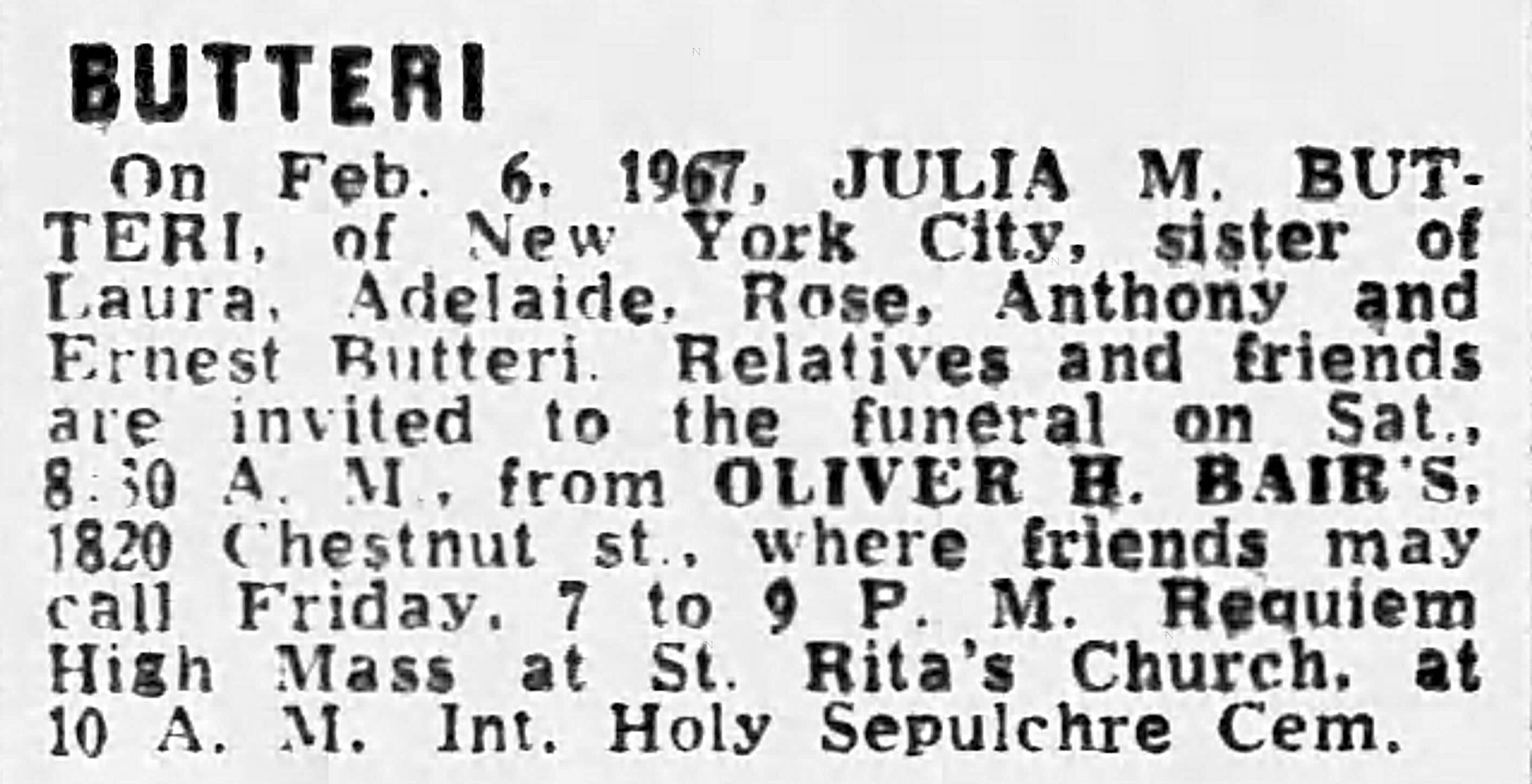 Funeral notice of Julia M. Butteri (1908-1967)